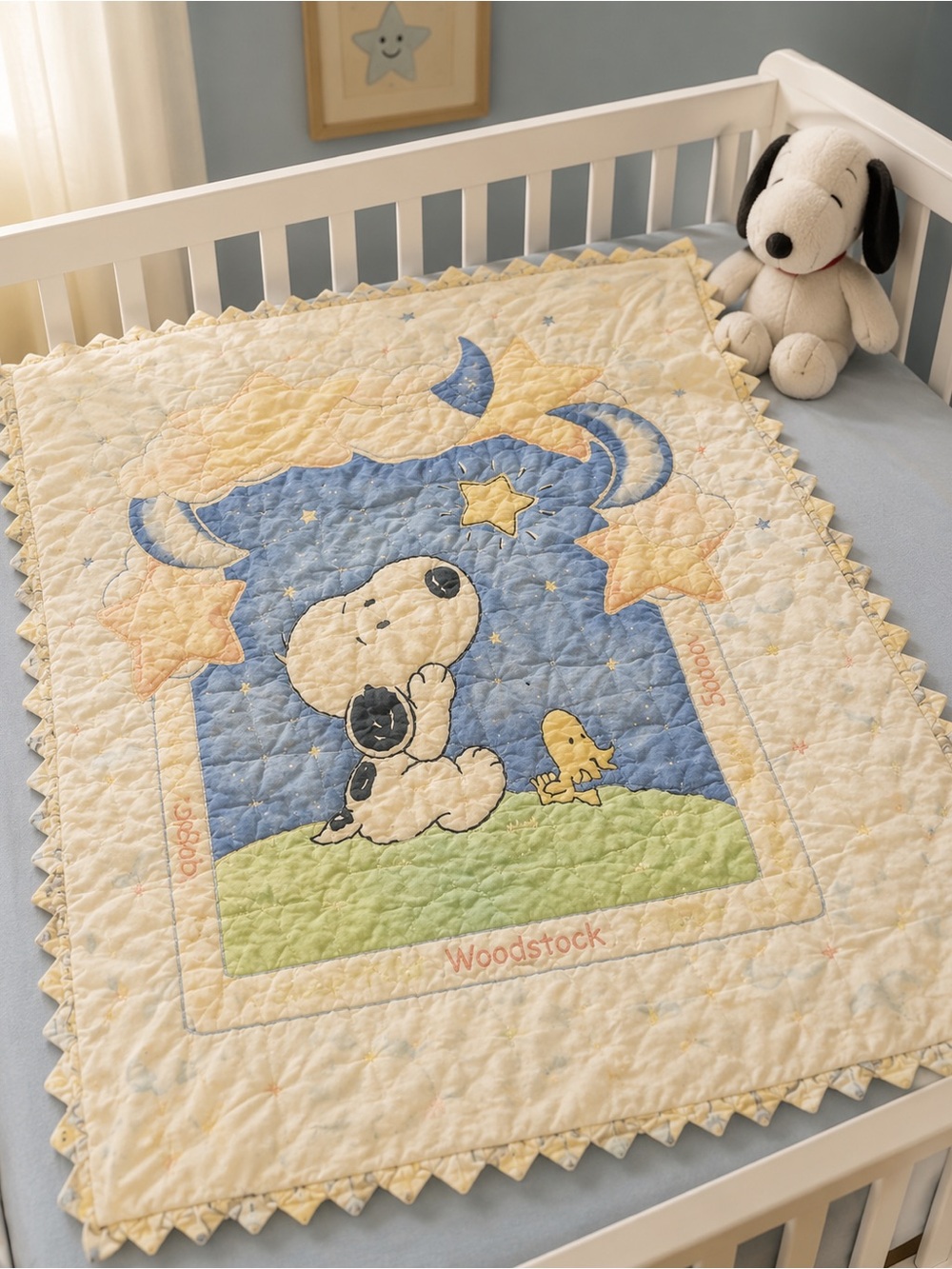 Vintage Starlight Snoopy And Woodstock Baby Quilt